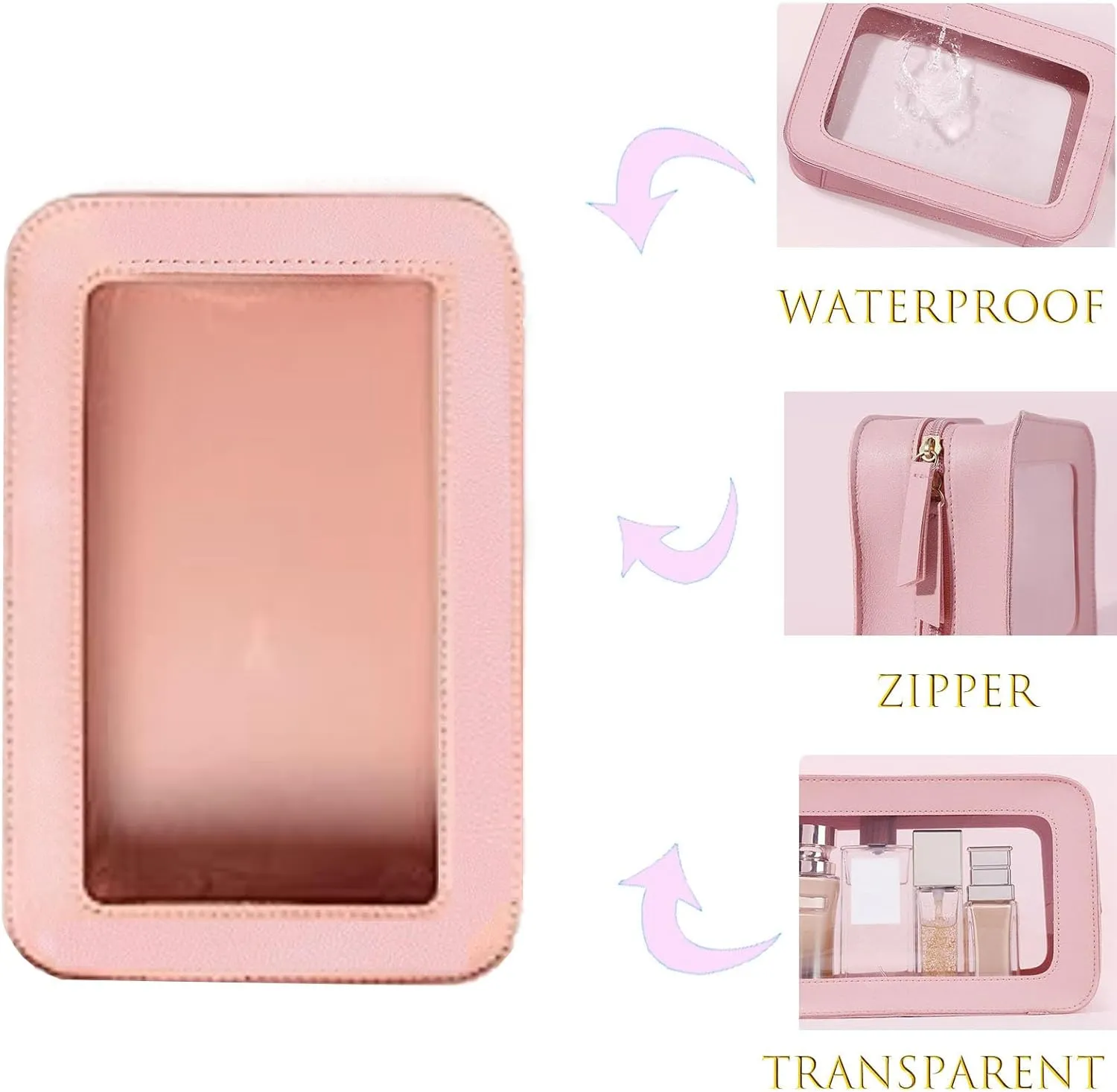 2 Pack Clear and Waterproof Makeup Bag Portable Travel Cosmetic Case Organizer for Women Toiletry Pouch with Transparent Vinyl Windows & Zippers (Pink)