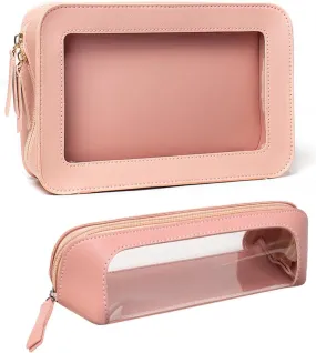 2 Pack Clear and Waterproof Makeup Bag Portable Travel Cosmetic Case Organizer for Women Toiletry Pouch with Transparent Vinyl Windows & Zippers (Pink)