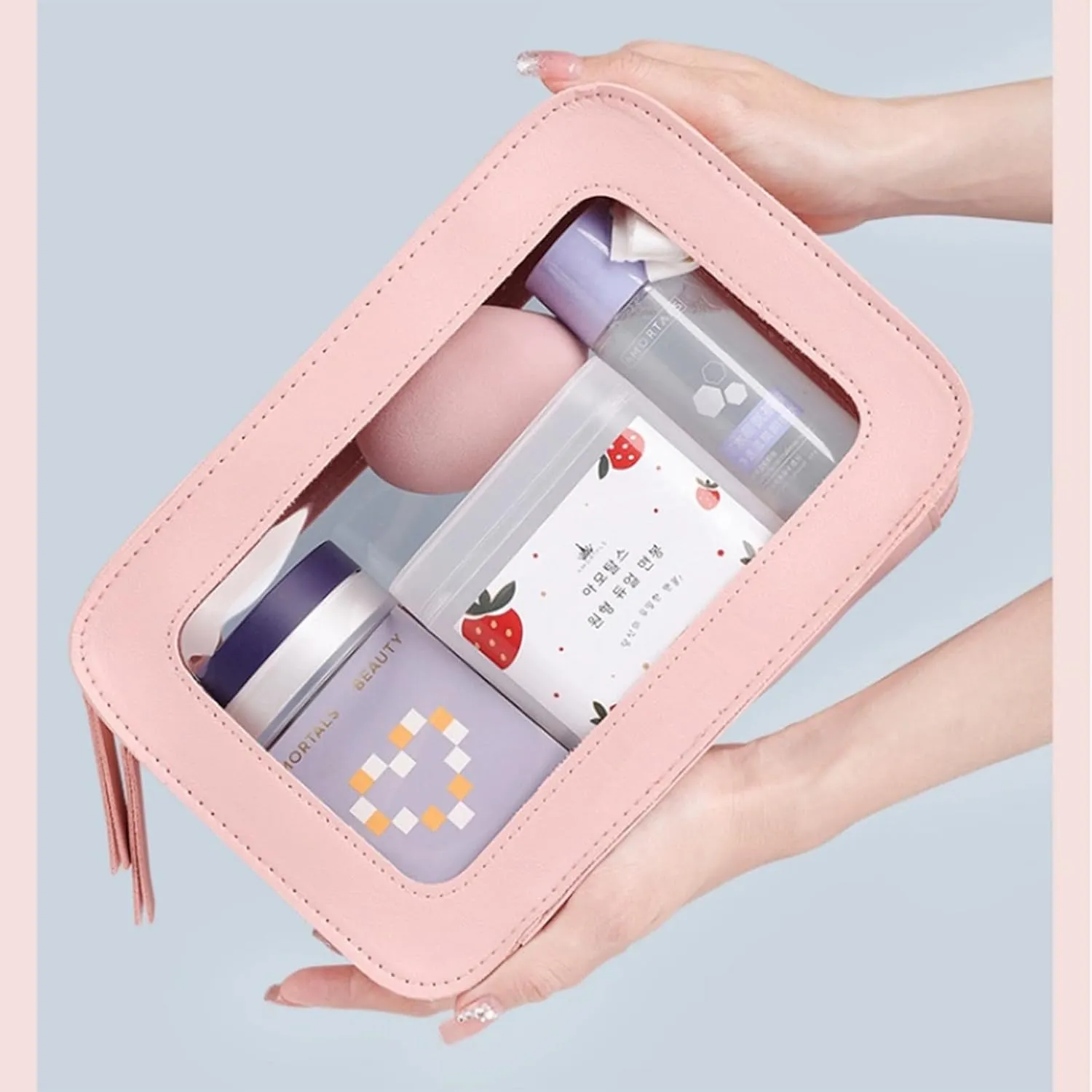 2 Pack Clear and Waterproof Makeup Bag Portable Travel Cosmetic Case Organizer for Women Toiletry Pouch with Transparent Vinyl Windows & Zippers (Pink)