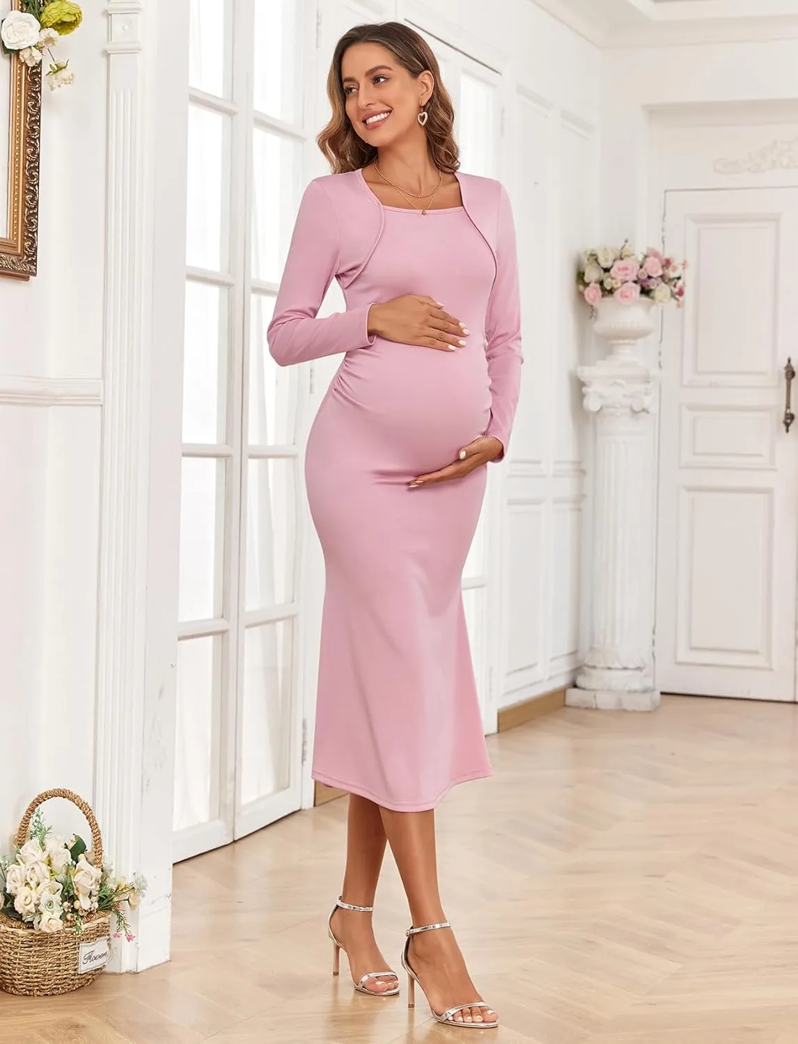 2024 Fall Square Neck Mermaid Maternity Dress Faux Two-Piece Long Sleeve Bodycon Pregnancy Dress