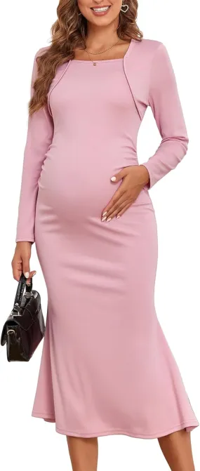 2024 Fall Square Neck Mermaid Maternity Dress Faux Two-Piece Long Sleeve Bodycon Pregnancy Dress