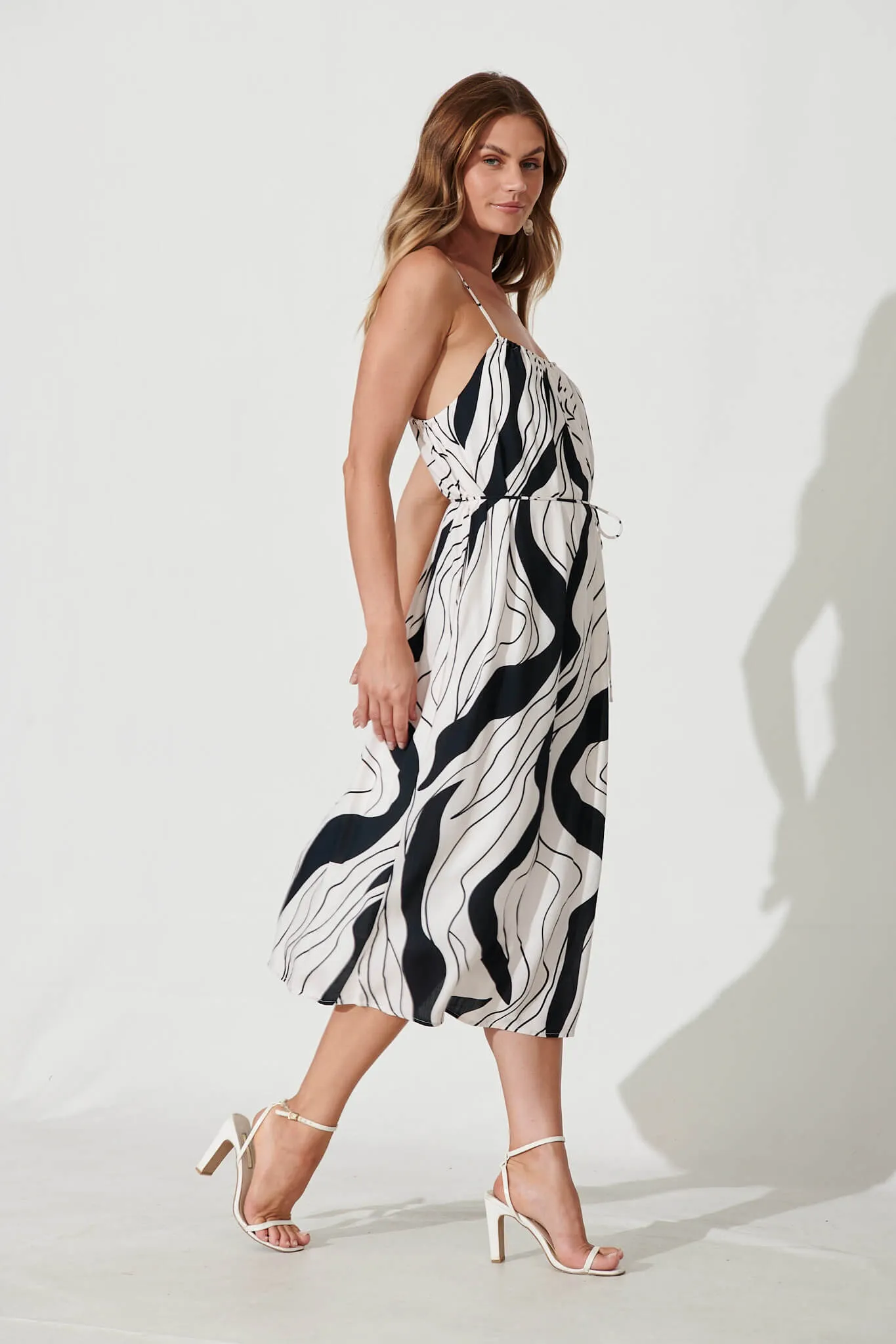 Bibi Midi Sundress In Cream With Black Swirl Linen Blend