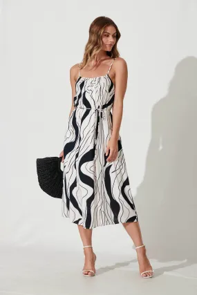 Bibi Midi Sundress In Cream With Black Swirl Linen Blend
