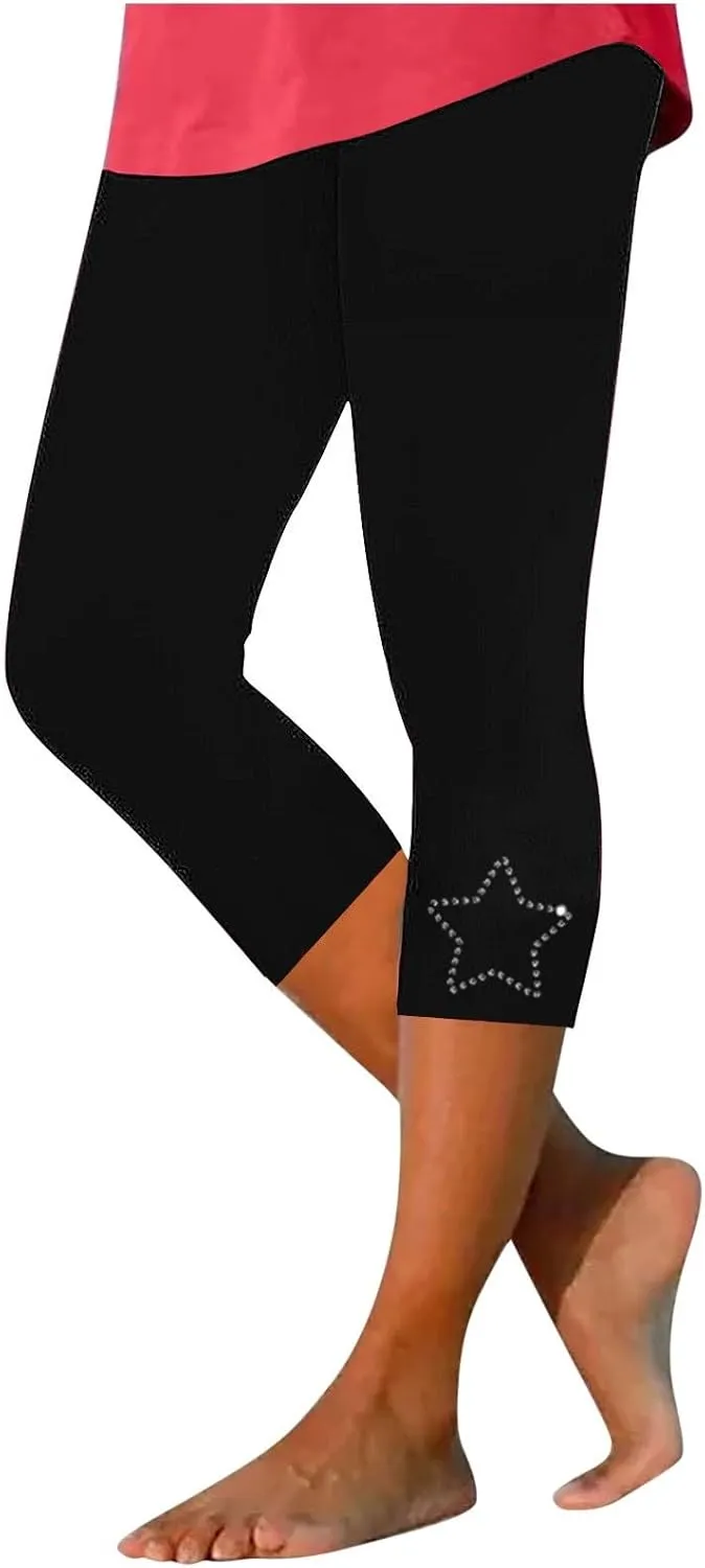 Capri Leggings for Women Summer Rhinestone Dressy Cropped High Waist Stretchy Yoga Pants Compression Workout Leggings