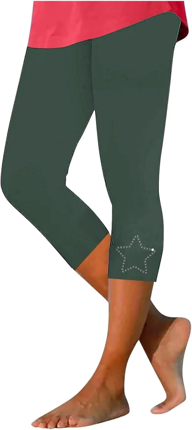 Capri Leggings for Women Summer Rhinestone Dressy Cropped High Waist Stretchy Yoga Pants Compression Workout Leggings