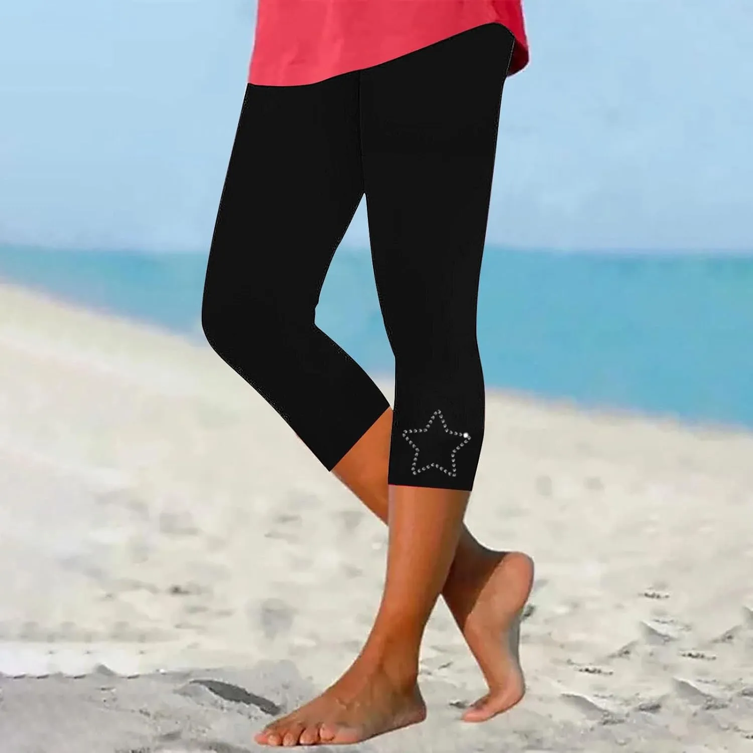Capri Leggings for Women Summer Rhinestone Dressy Cropped High Waist Stretchy Yoga Pants Compression Workout Leggings