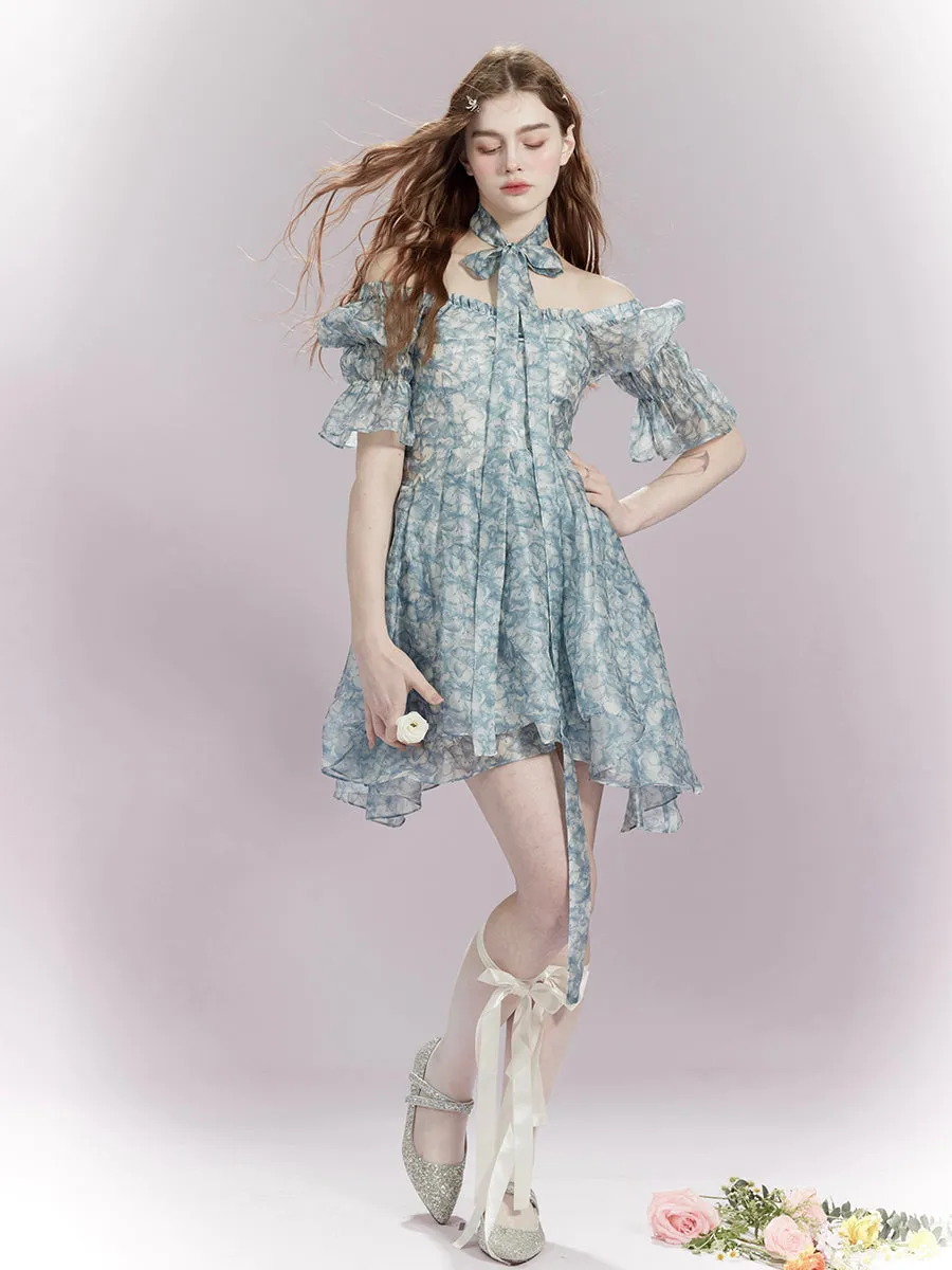 Ciffon Flower Asymmetry Frill Feminine One-Piece