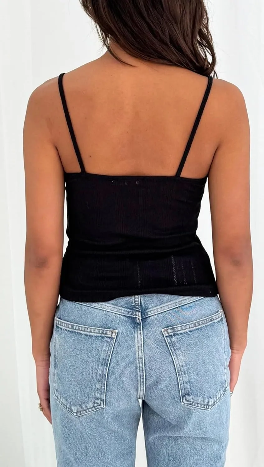 Cioatin Women Sleeveless Y2K Lace Patchwork Pointelle Crop Cami Tank Cute Spaghetti Strap V Neck Slim Summer Going Out Tops