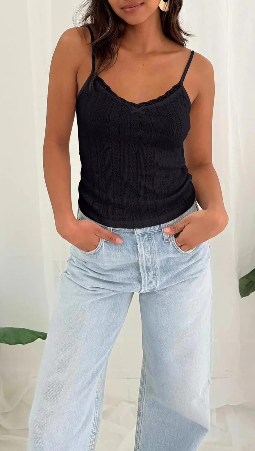 Cioatin Women Sleeveless Y2K Lace Patchwork Pointelle Crop Cami Tank Cute Spaghetti Strap V Neck Slim Summer Going Out Tops