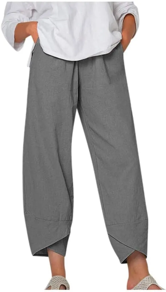 Cotton Linen Casual Summer Capri Pants Printed Cropped Comfy Baggy Trousers with Pockets Palazzo Lounge Pants