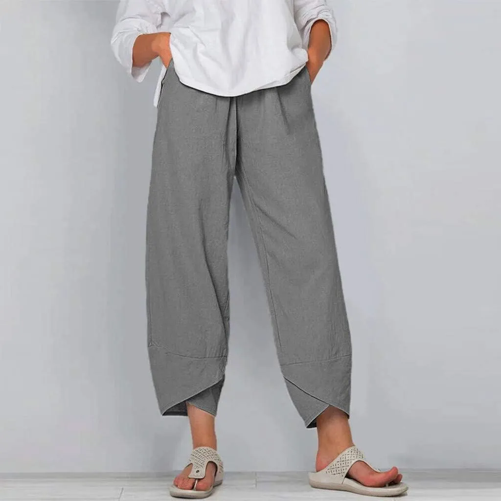 Cotton Linen Casual Summer Capri Pants Printed Cropped Comfy Baggy Trousers with Pockets Palazzo Lounge Pants