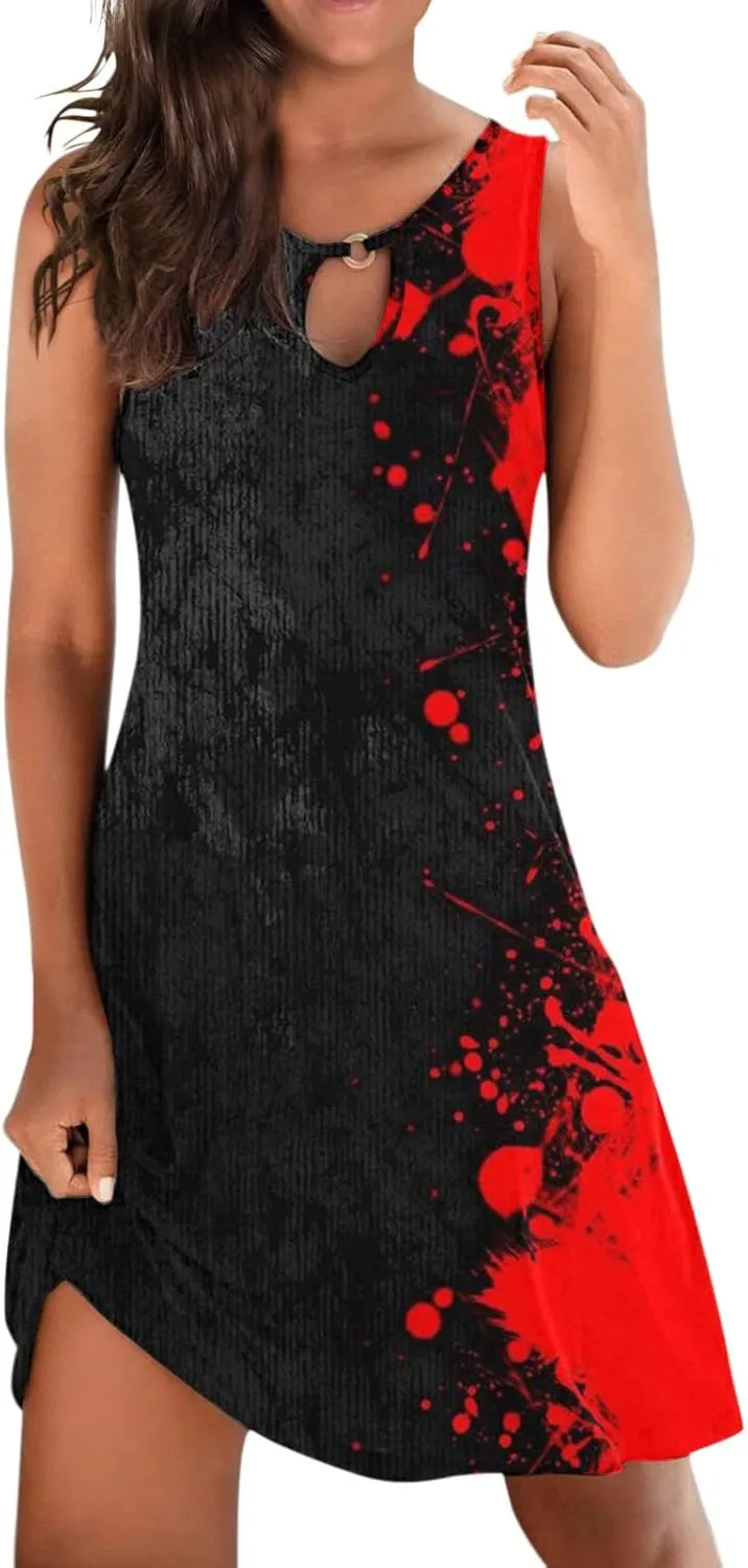 Dresses for Women 2024 Casual Short Sundress Printed Crewneck Sleeveless Tank Dress A Line Sun Dress Summer Dresses