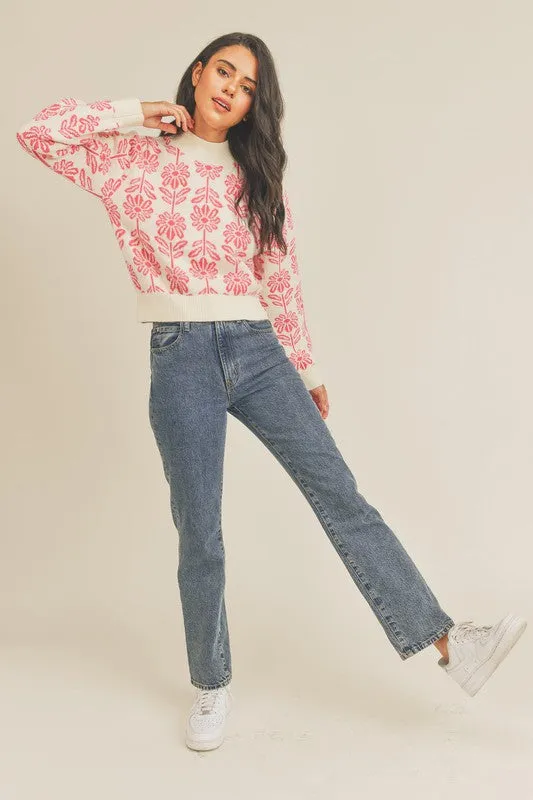 Electric Pink Floral Pattern Knit Sweater