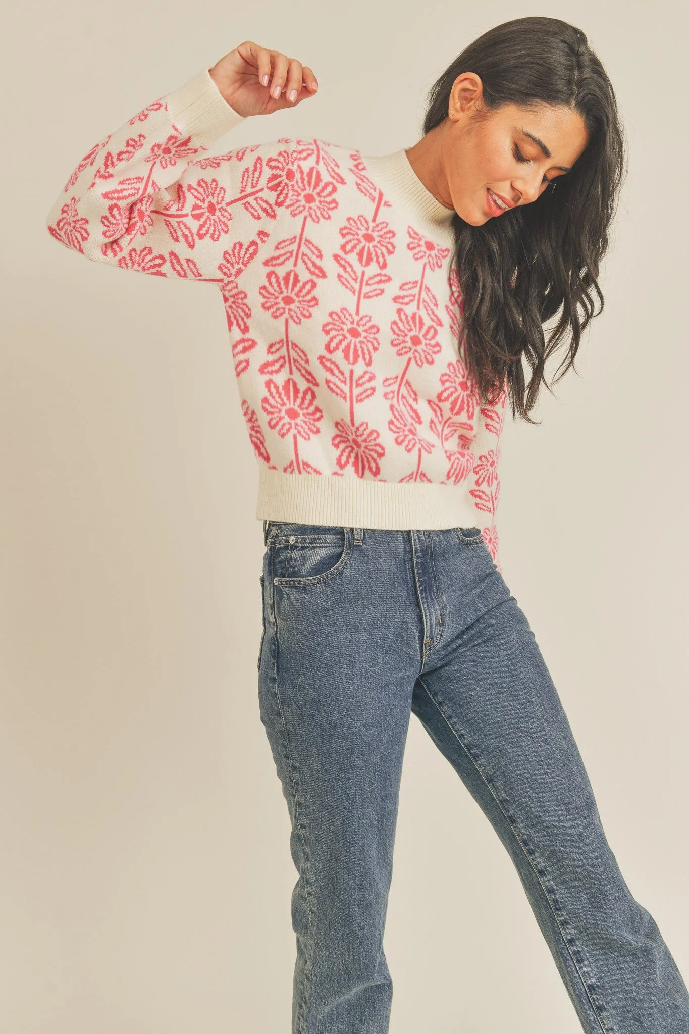 Electric Pink Floral Pattern Knit Sweater