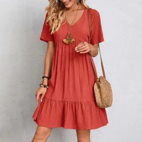 Elegant Solid Color Dress Summer Vintage Loose V Neck Ruffles A-line Sundress for Women Casual Bohemian Beach Party