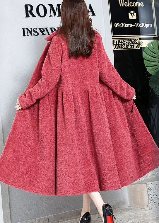 Elegant Watermelon Red Peter Pan Collar Thick Cashmere Trench Winter LY9394