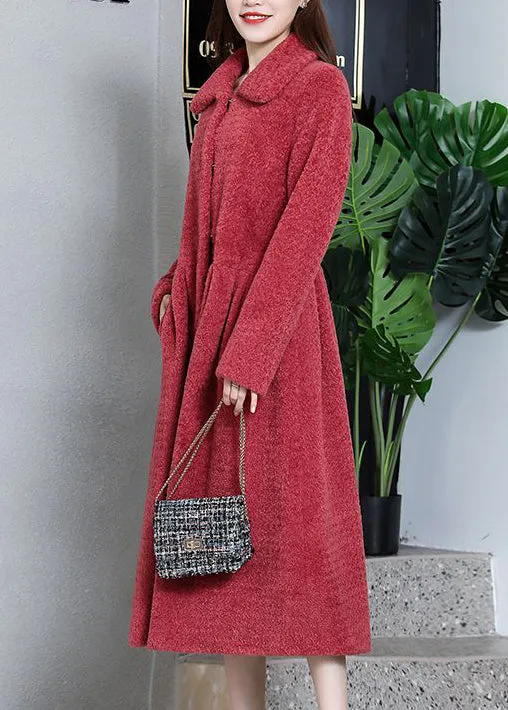Elegant Watermelon Red Peter Pan Collar Thick Cashmere Trench Winter LY9394