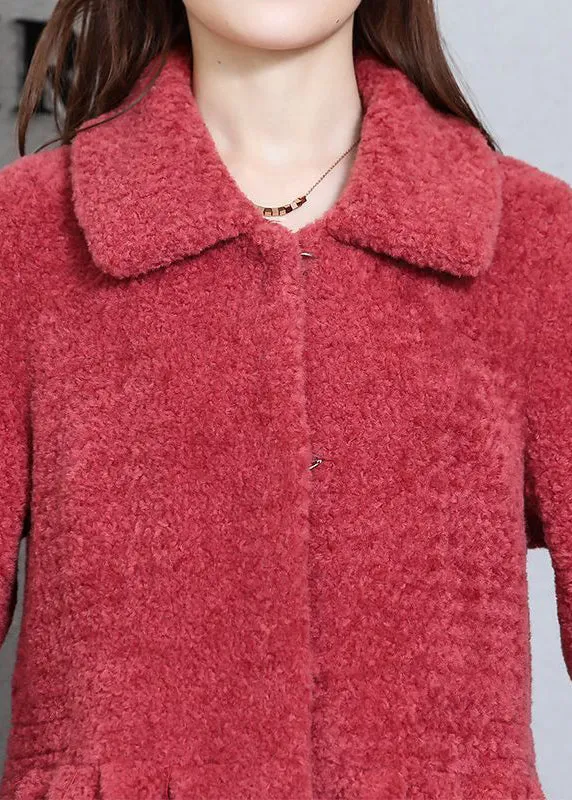 Elegant Watermelon Red Peter Pan Collar Thick Cashmere Trench Winter LY9394