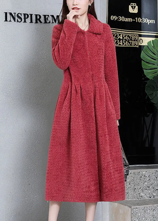 Elegant Watermelon Red Peter Pan Collar Thick Cashmere Trench Winter LY9394