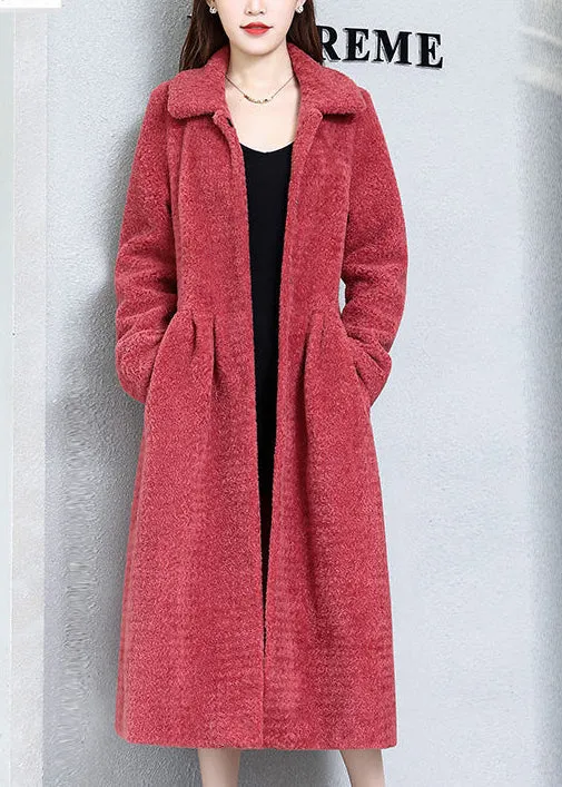 Elegant Watermelon Red Peter Pan Collar Thick Cashmere Trench Winter LY9394