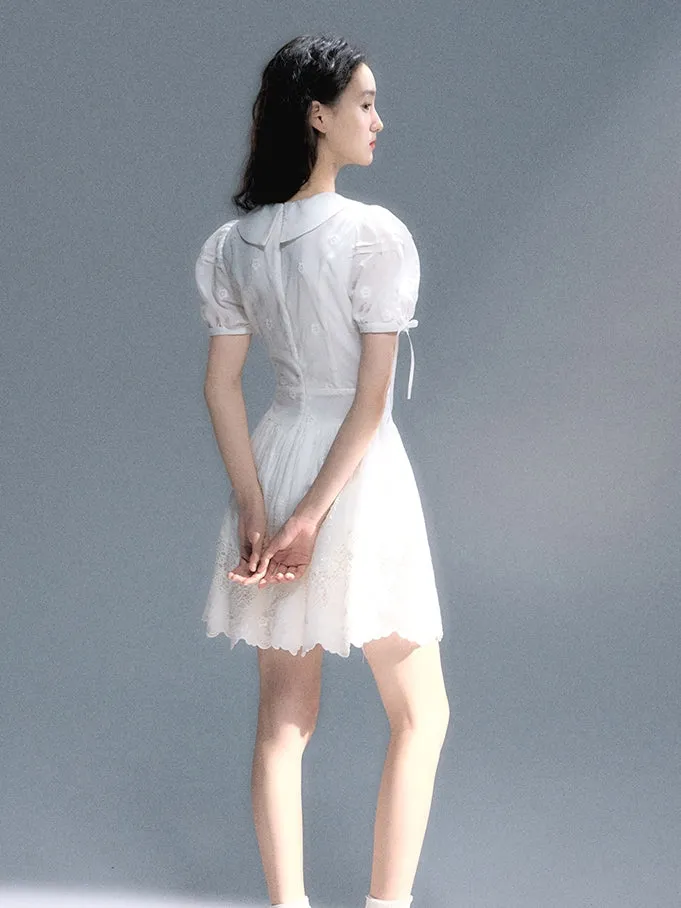 Embroidery Flower Lace Puff-Sleeve Feminine One-Piece