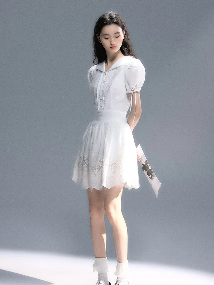 Embroidery Flower Lace Puff-Sleeve Feminine One-Piece