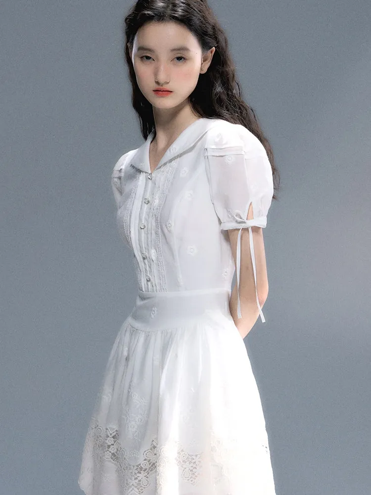 Embroidery Flower Lace Puff-Sleeve Feminine One-Piece