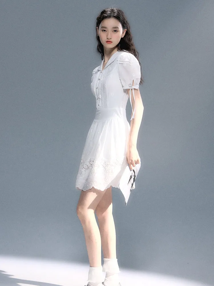 Embroidery Flower Lace Puff-Sleeve Feminine One-Piece