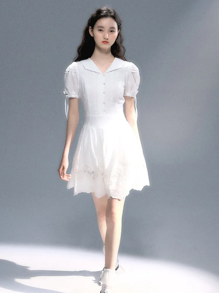 Embroidery Flower Lace Puff-Sleeve Feminine One-Piece