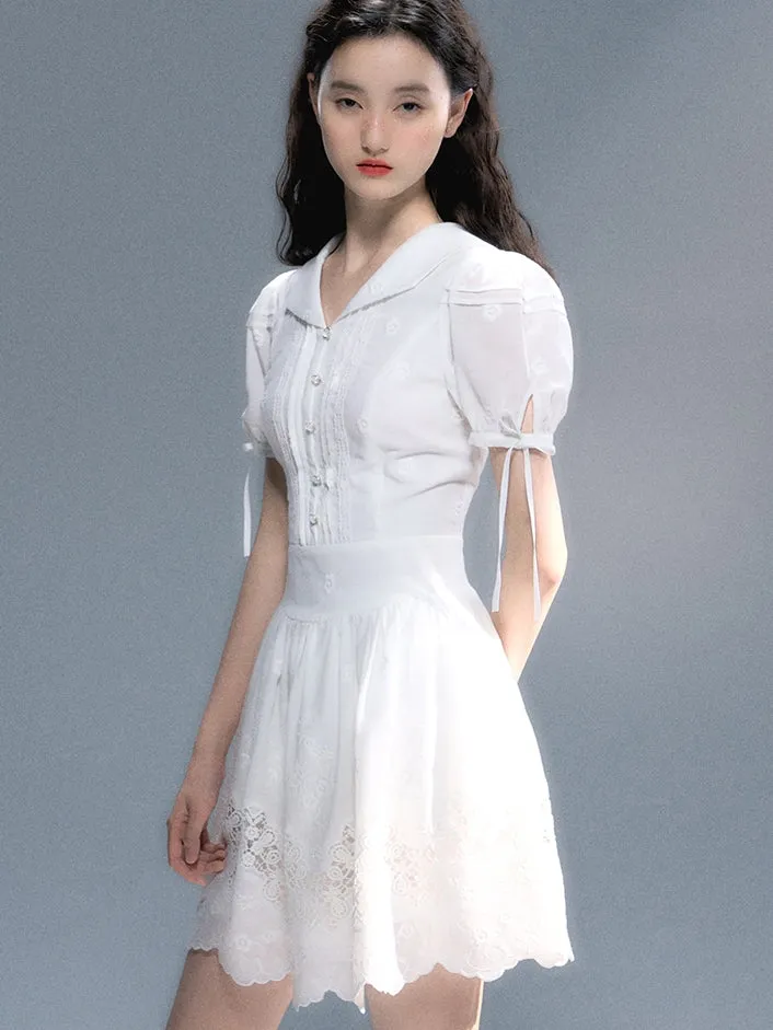 Embroidery Flower Lace Puff-Sleeve Feminine One-Piece