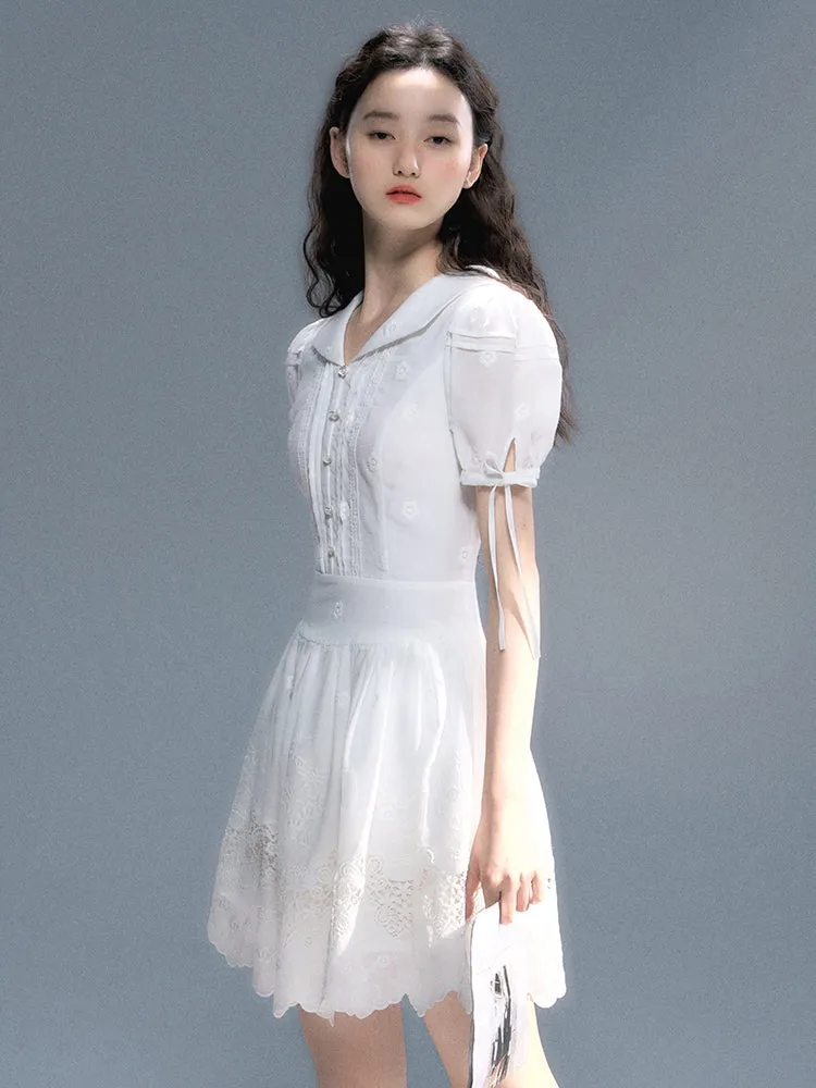 Embroidery Flower Lace Puff-Sleeve Feminine One-Piece