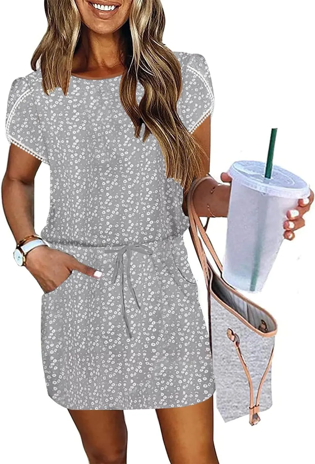 ETCYY NEW Womens Summer Dresses Tie Front Chic Mini Dress Petal Short Sleeve with Pockets