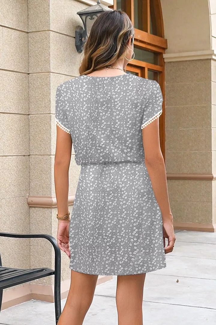 ETCYY NEW Womens Summer Dresses Tie Front Chic Mini Dress Petal Short Sleeve with Pockets
