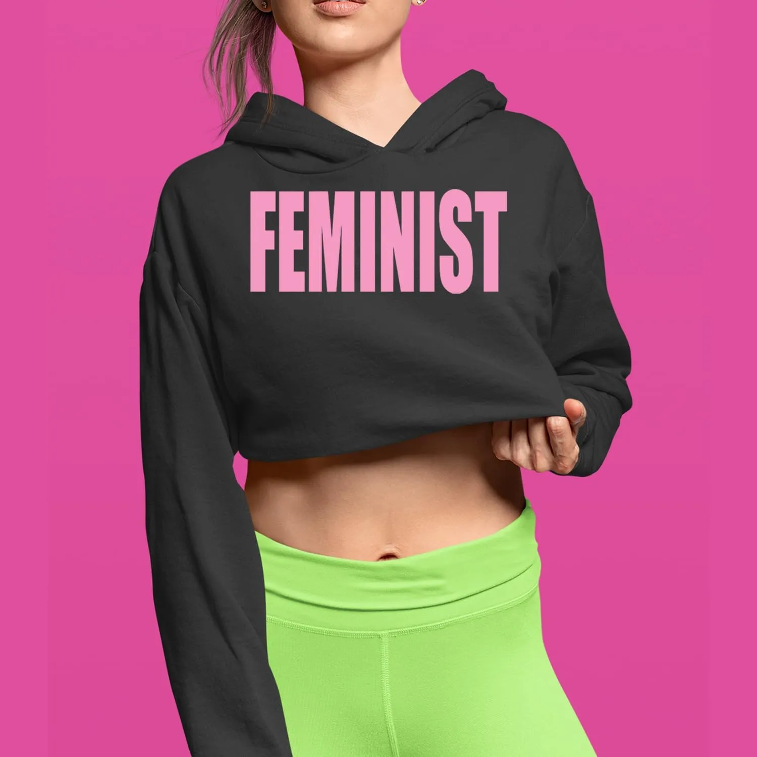 Feminist (Pink Print) Cropped Fleece Hoodie, Soft & Cozy, Trendy Fit