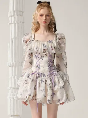 Flower Ciffon Fluffily Feminine Tiered Frill Lace-Up Short Dress