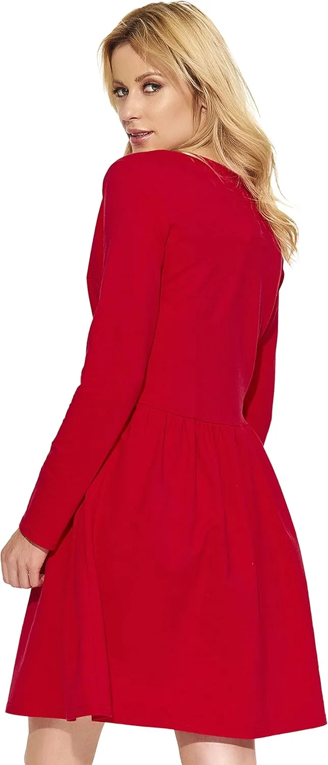 FUTURO FASHION Women V-Neck Wrap Midi Plain Long Sleeve Ladies Modern Skater Dress FA574