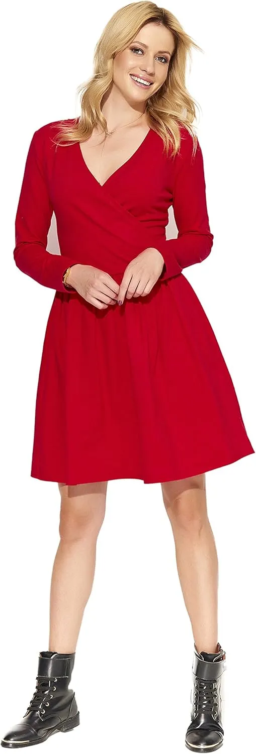 FUTURO FASHION Women V-Neck Wrap Midi Plain Long Sleeve Ladies Modern Skater Dress FA574