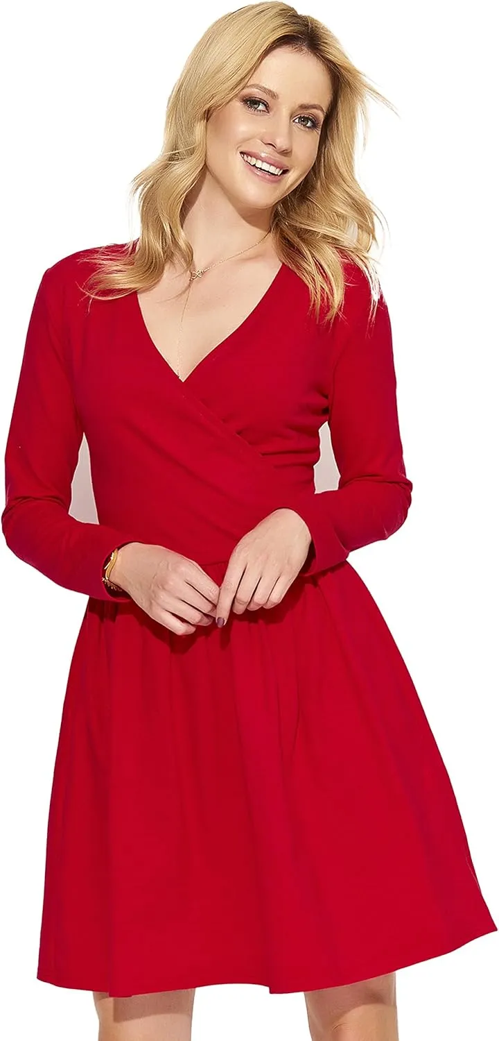 FUTURO FASHION Women V-Neck Wrap Midi Plain Long Sleeve Ladies Modern Skater Dress FA574