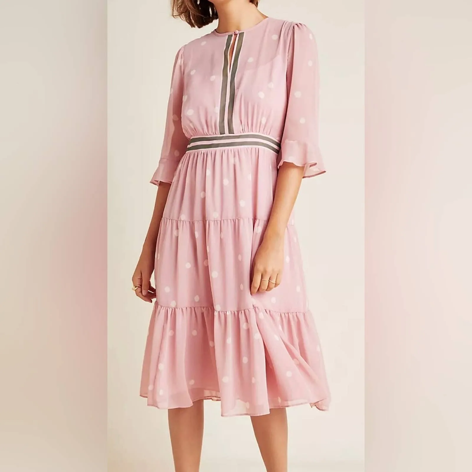 Gal Meets Glam Finley Tiered Polka Dot Midi Dress (0) or (XS) Petite