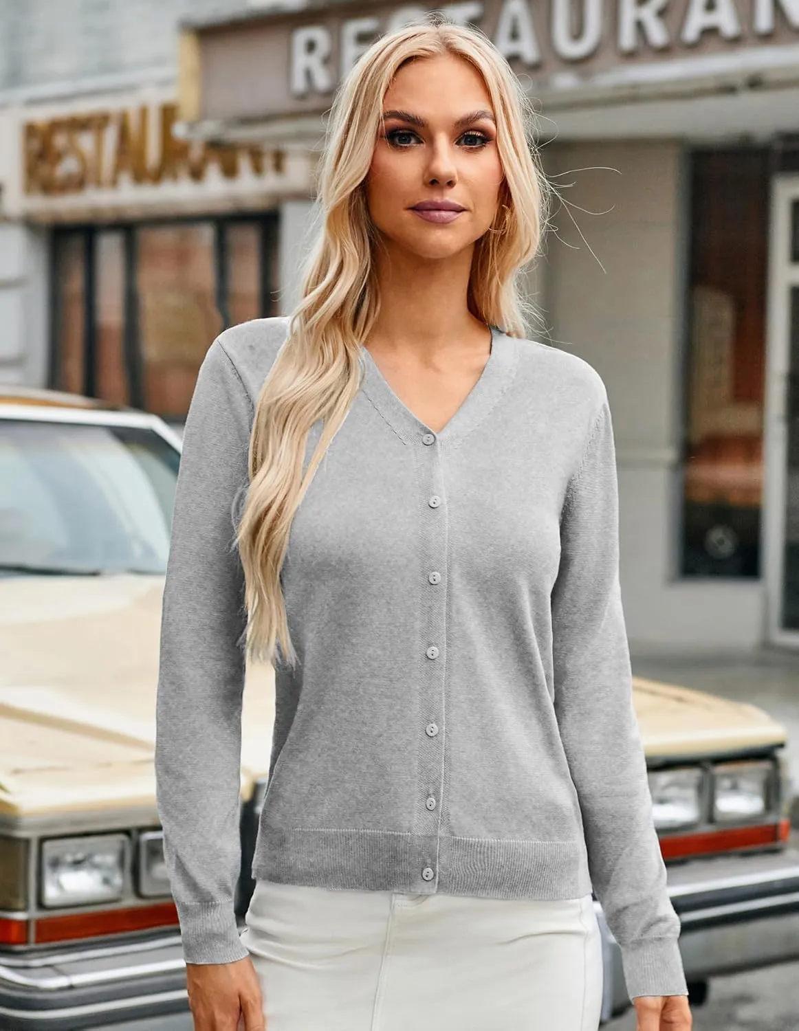 GRACE KARIN Women's Long Sleeve Button Down Vee Neck Classic Sweater Knit Cardigan