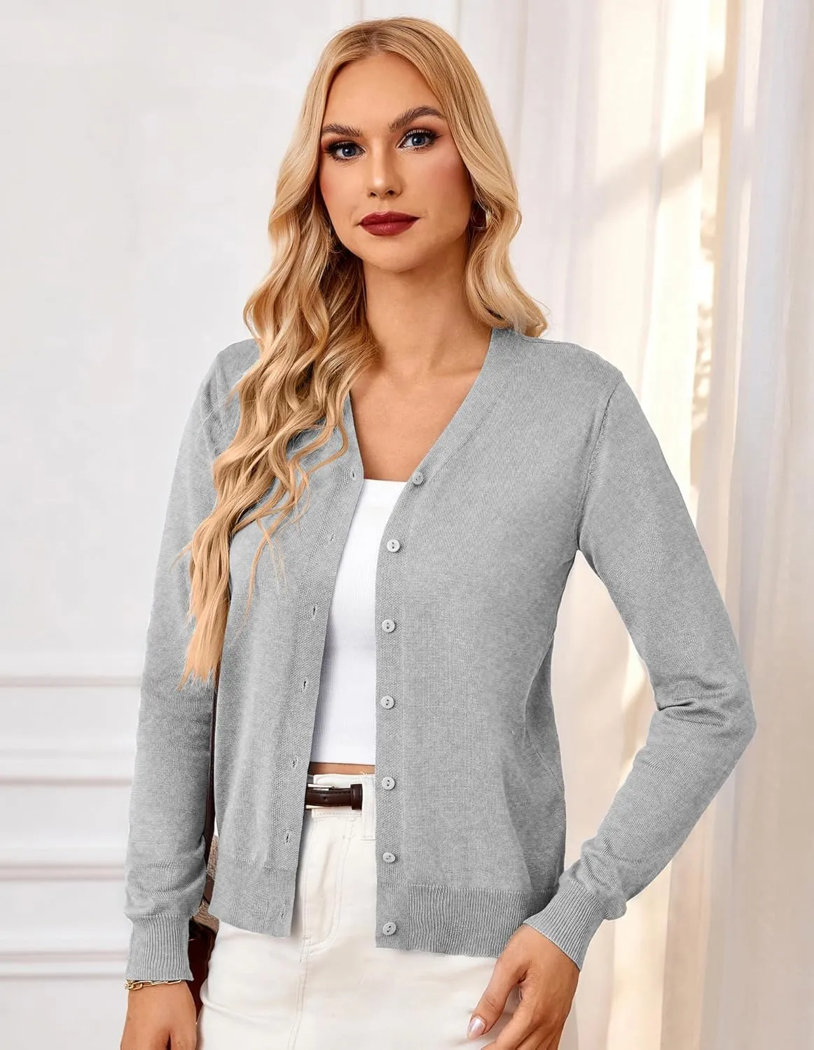 GRACE KARIN Women's Long Sleeve Button Down Vee Neck Classic Sweater Knit Cardigan