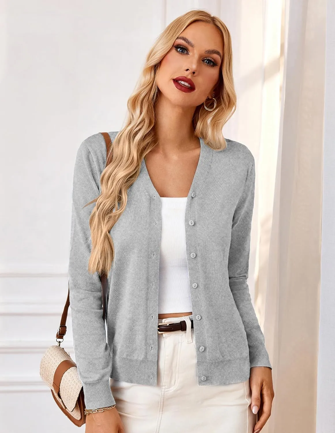 GRACE KARIN Women's Long Sleeve Button Down Vee Neck Classic Sweater Knit Cardigan