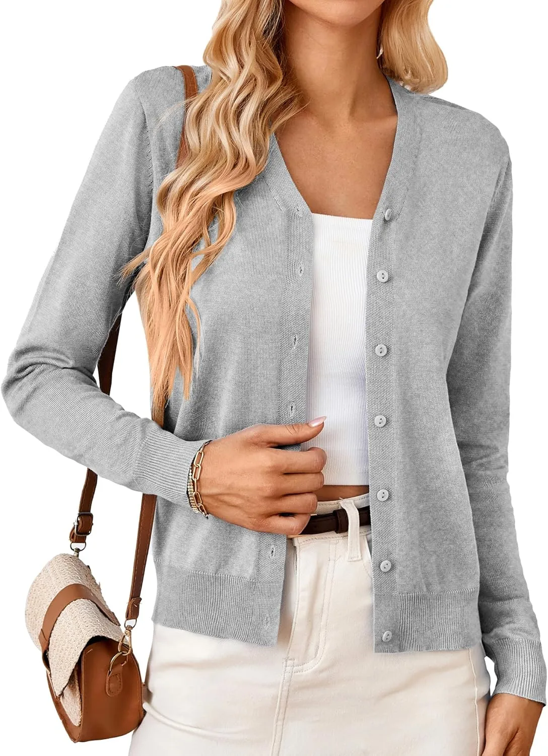 GRACE KARIN Women's Long Sleeve Button Down Vee Neck Classic Sweater Knit Cardigan
