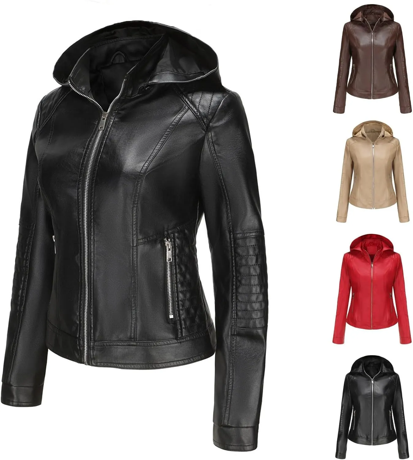 HGps8w Faux Leather Jacket for Women Classic Stand Collar PU Hoodies Casual Lightweight Zip Up Motorcycle Biker Coat Outwear