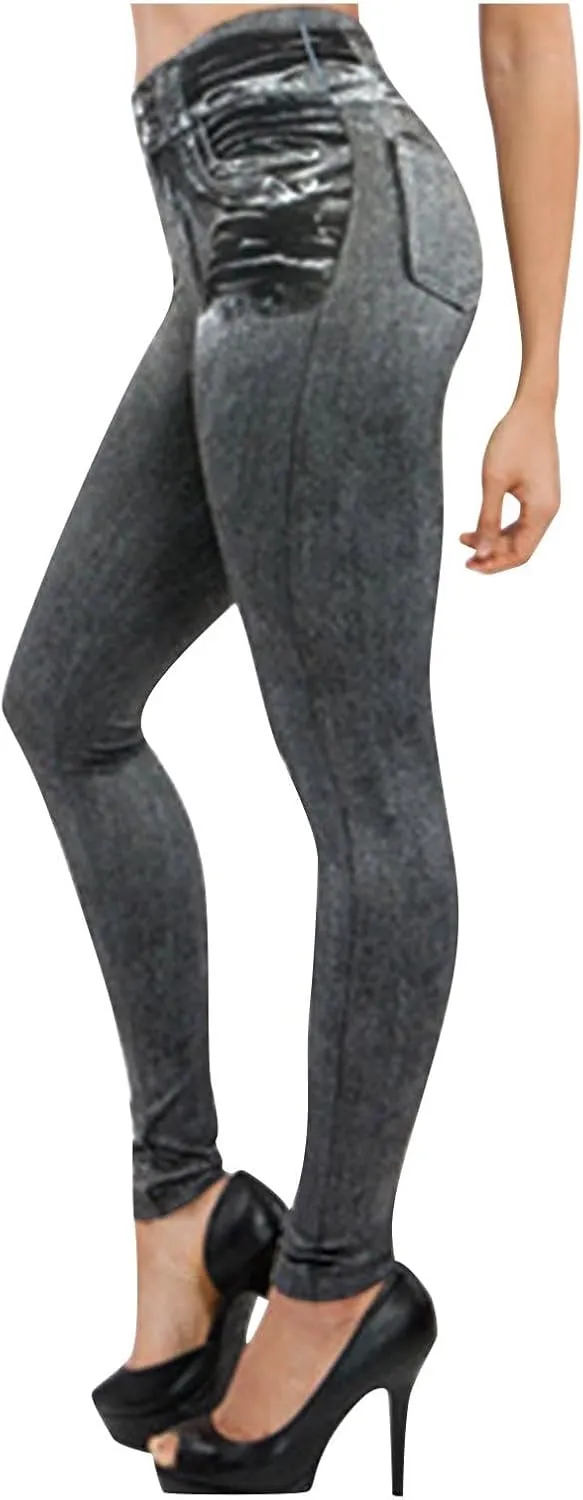 hlysgo Pull On Womens Jeans Leggings Stretchy High Waisted Skinny Denim Trouser Pants Trendy Jean Look Leggings