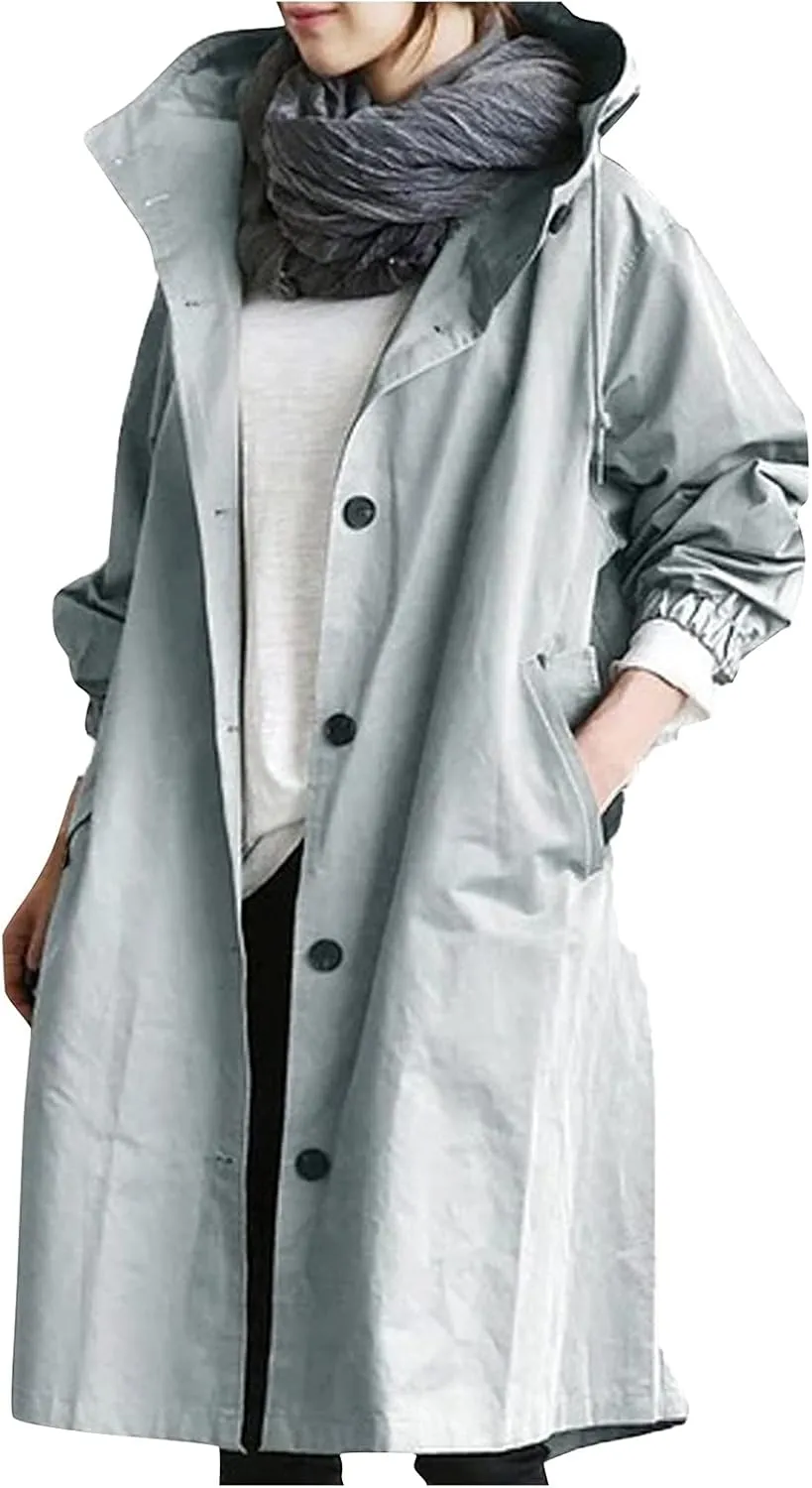 HXHYQKP Womens Trench Coat Waterproof Women's Trench Jackets Rain Jacket Hooded Oversized Elegant Windbreaker Coat Outwear