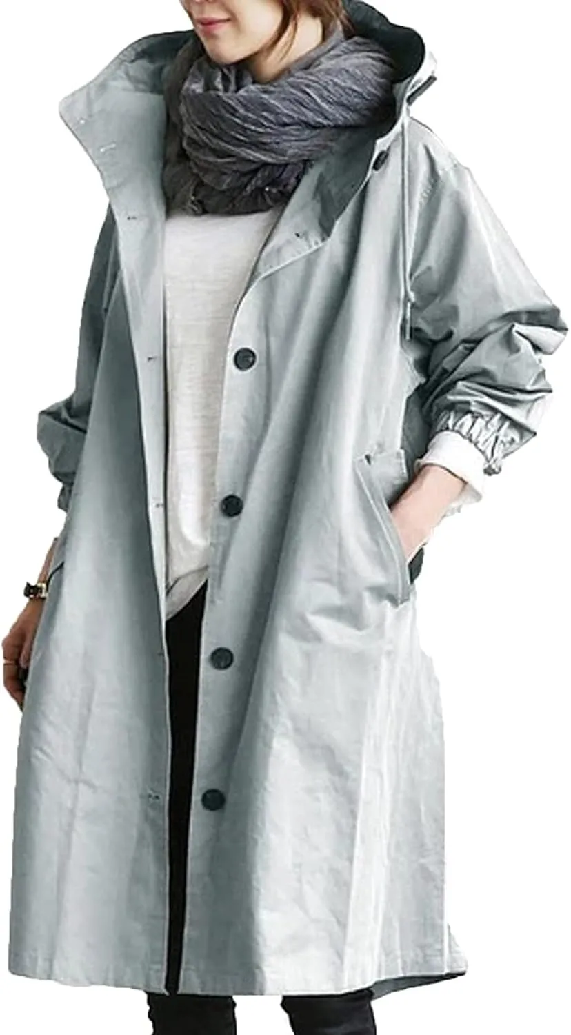 HXHYQKP Womens Trench Coat Waterproof Women's Trench Jackets Rain Jacket Hooded Oversized Elegant Windbreaker Coat Outwear