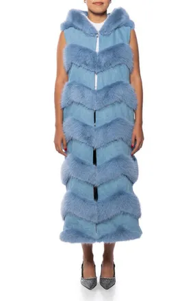 JEMI BLUE CHEVRON FAUX FUR TRENCH VEST