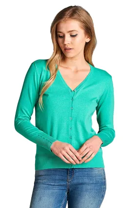 Khanomak Classic Fitted Ribbed V Neck Knit Long Sleeve Button Up Front Cardigan Sweater