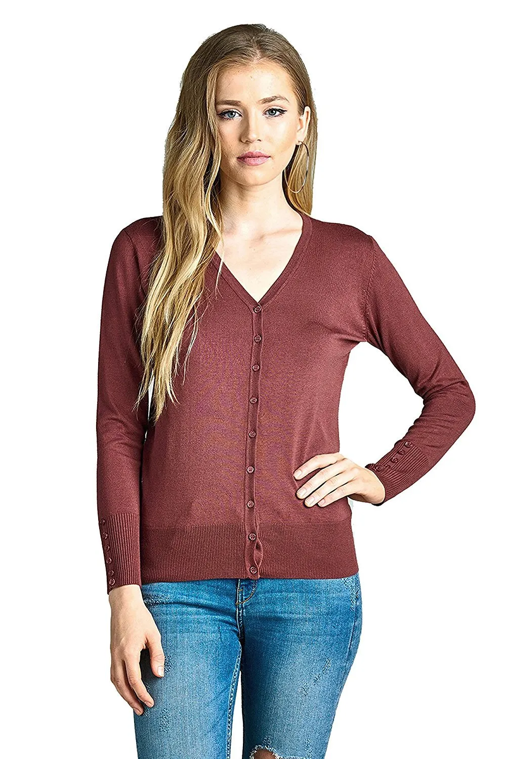 Khanomak Classic Fitted Ribbed V Neck Knit Long Sleeve Button Up Front Cardigan Sweater